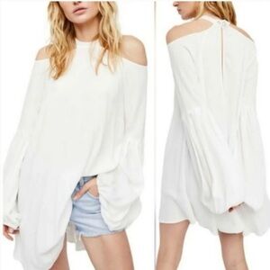 Free People Drift Away Ivory Cold Shoulder Tunic Dress Oversized Size Small